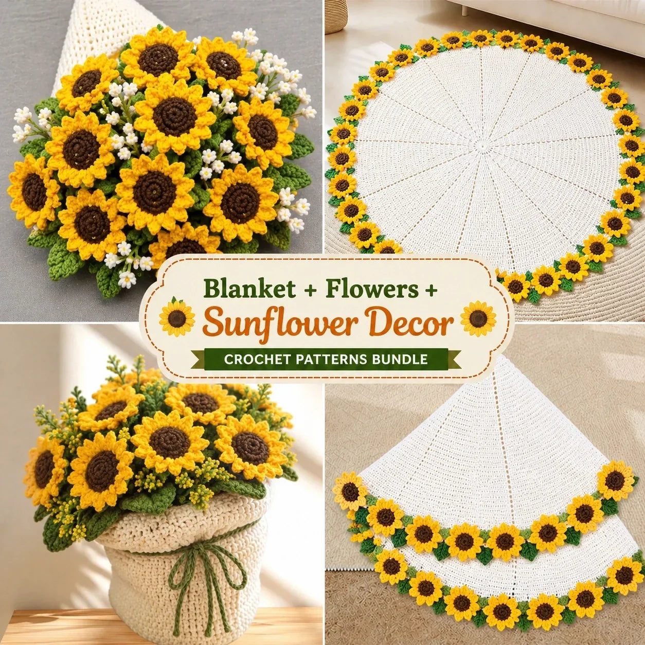 5-in-1 Crochet Blanket + Flowers + Decor Bundle